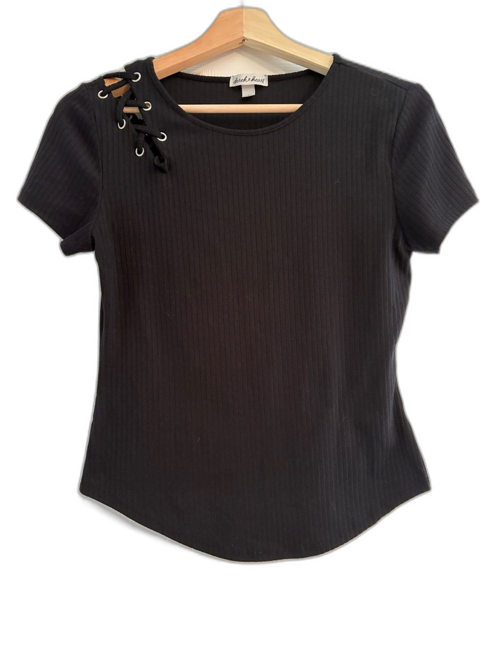 Derek Heart Black Ribbed Short Sleeve Tee with Lace-Up Shoulder
Size: Small